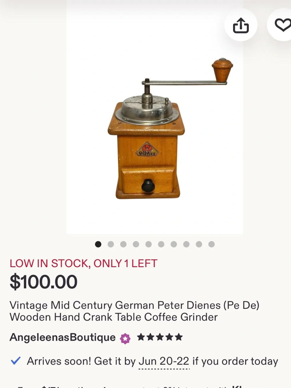 PE DE Peter Dienes Coffee Grinder circa 1930. Vintage